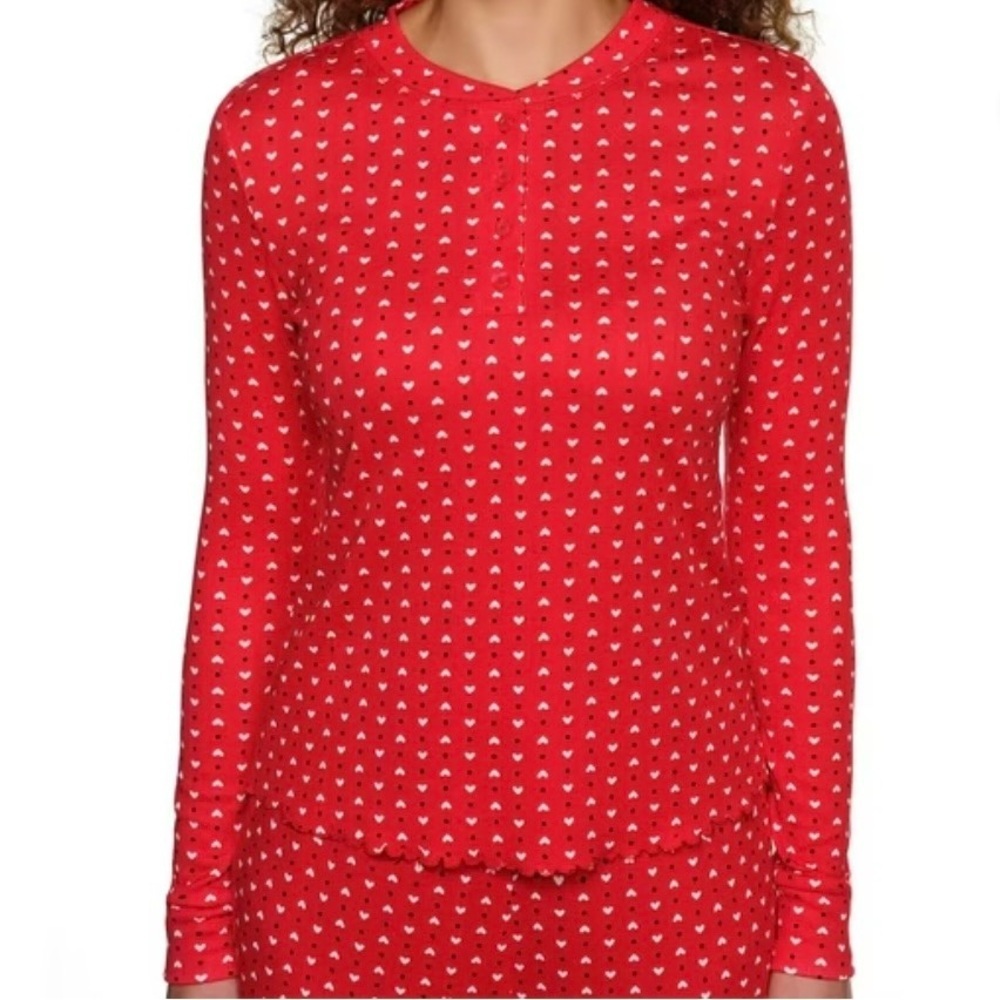 🤍LOFT Women’s Knit Henley Pajama Set Red with White Hearts, Elastic Waist - Picture 4 of 7